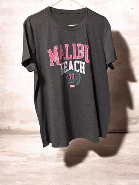 Malibu Beach Graphic Tee - Charcoal with Pink & White